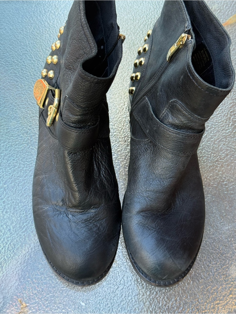 Women's Black Leather Ankle Boots with Gold Stud & Buckle